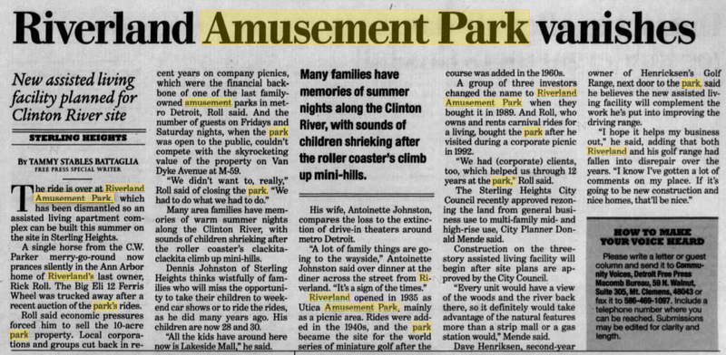 Riverland Amusement Park (Utica Amusement Park) - APRIL 2004 ARTICLE - ASSISTED LIVING FACILITY WAS NEVER BUILT